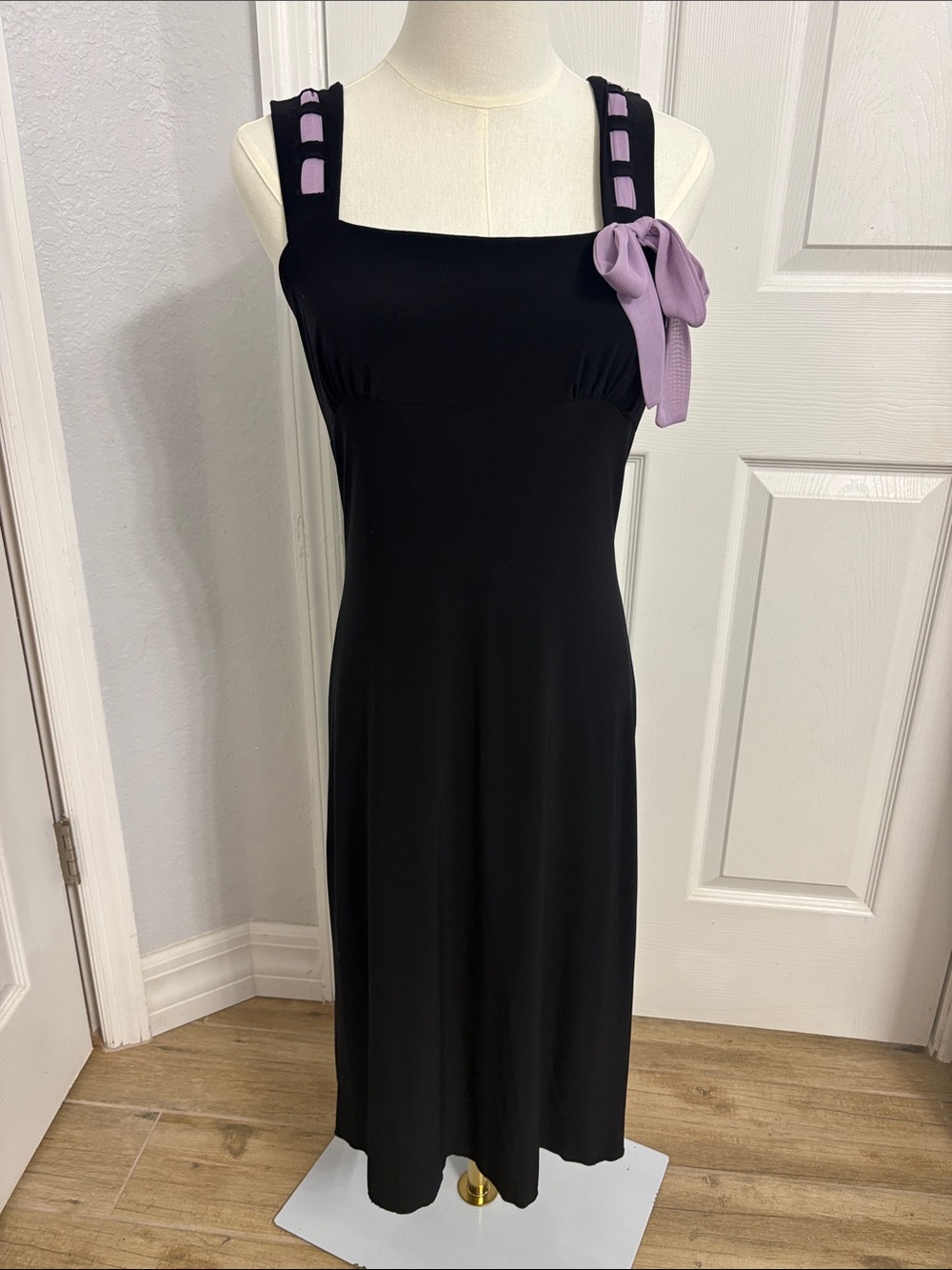 Black Midi Dress with Lavender Bow Accent